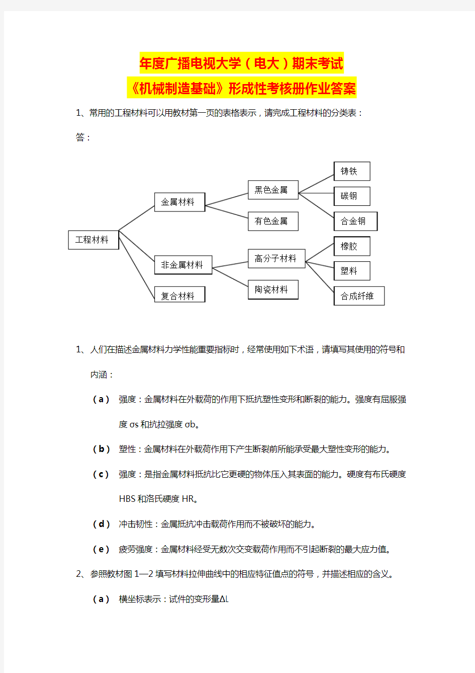 国家开放大学电大考试《机械制造基础》形成性考核册作业答案