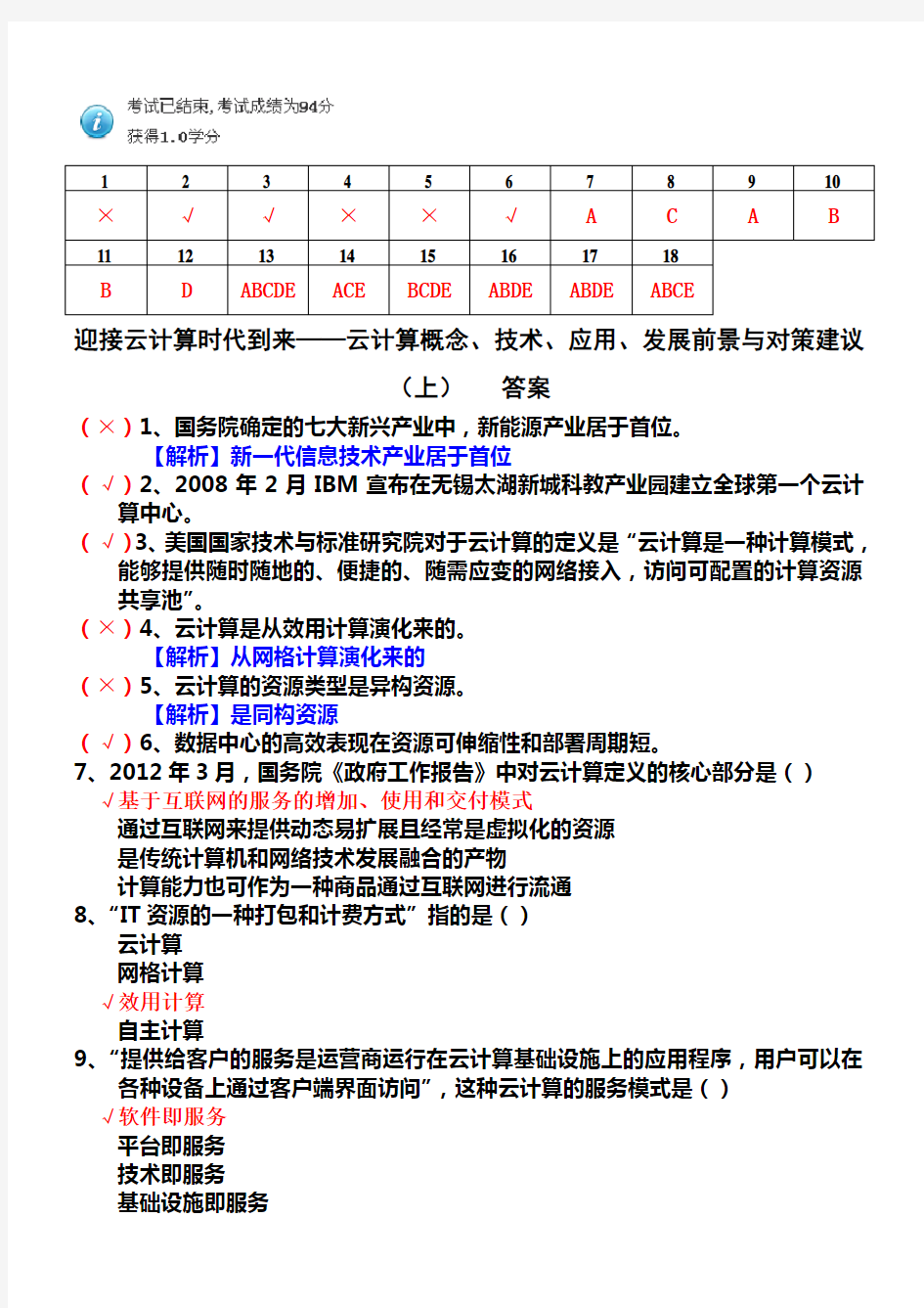 迎接云计算时代到来-云计算概念、技术、应用、发展前景与对策建议(上) 答案- 94分(同名49490