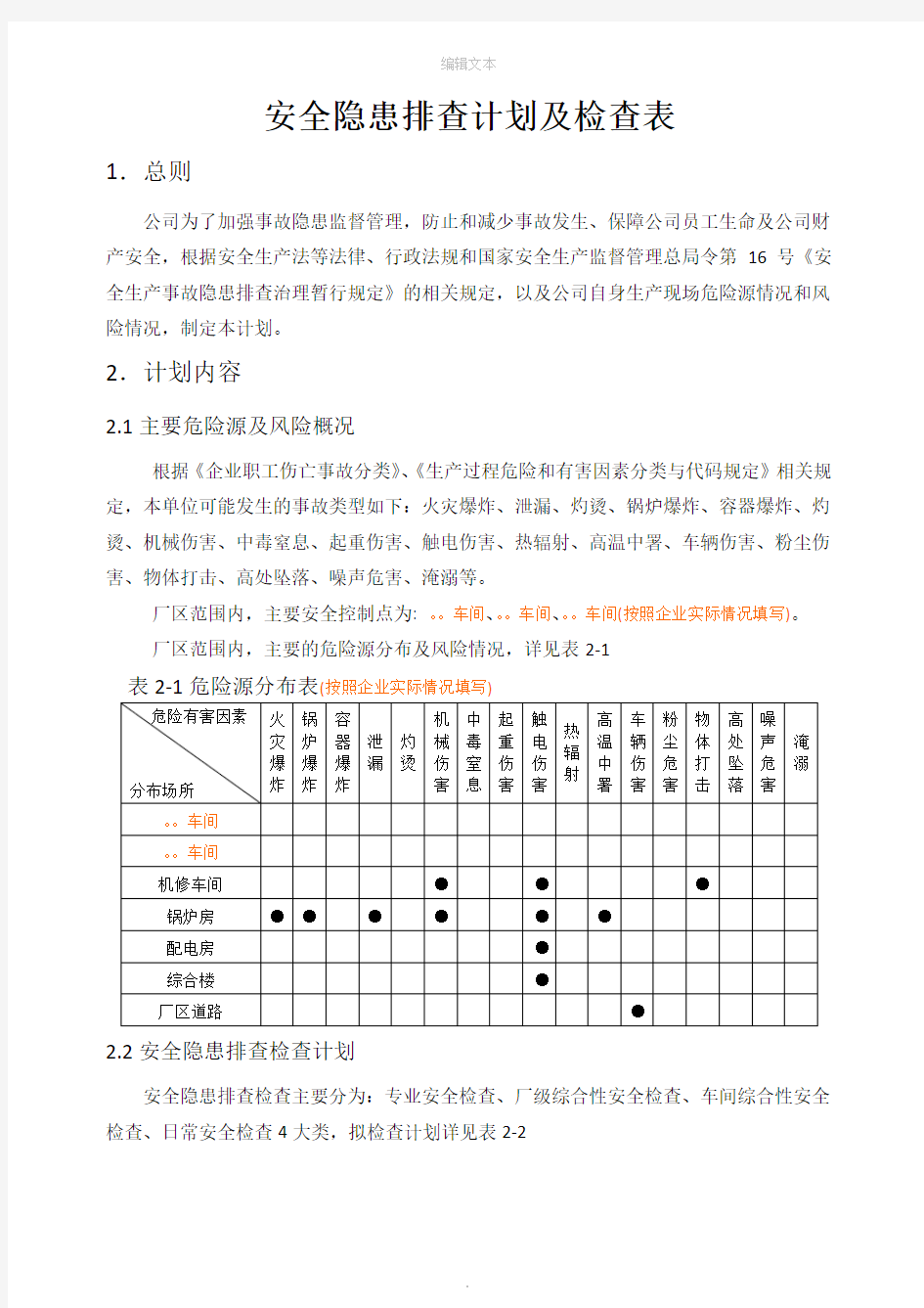 安全隐患排查计划及检查表