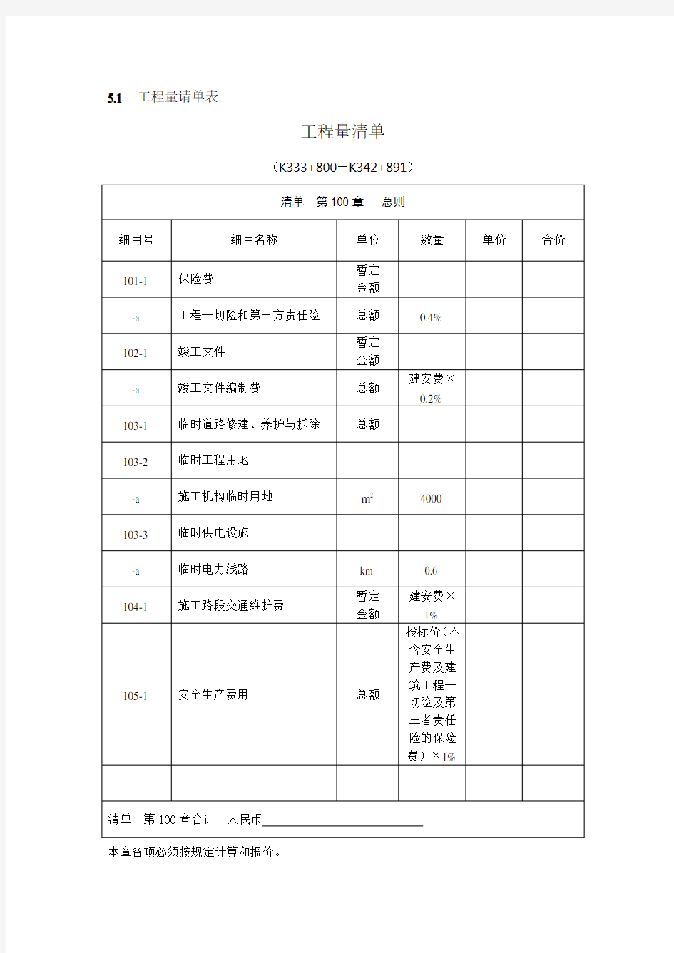 公路工程量清单范本