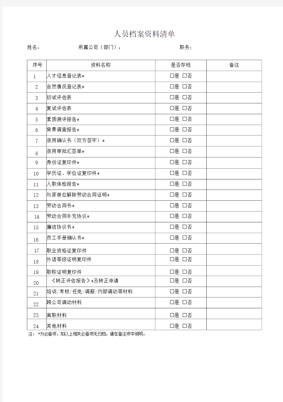 人员档案资料清单