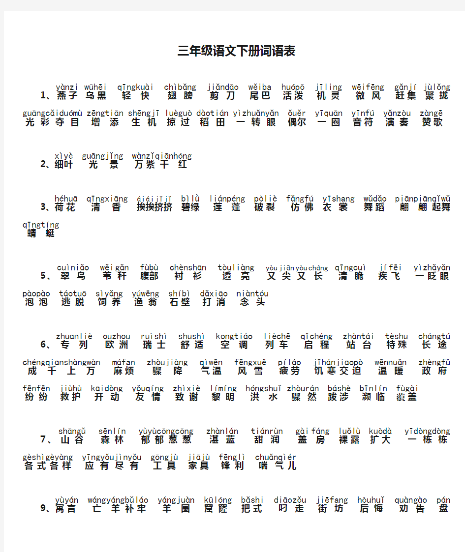 人教版三年级语文下册词语表带拼音