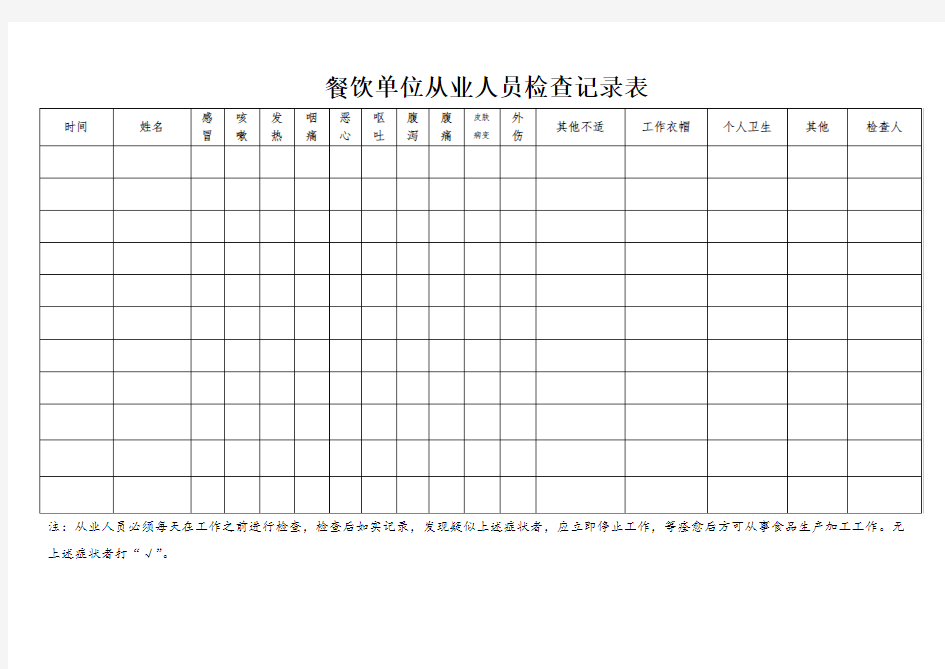 餐饮单位从业人员晨检记录表