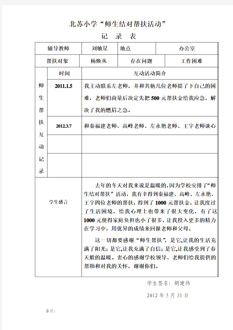 师生结对帮扶过程记录单