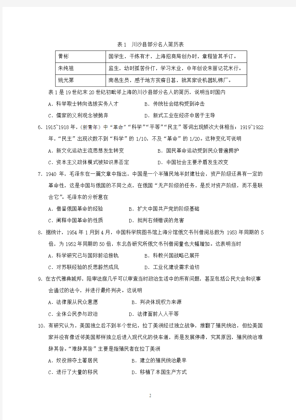 2019年安徽省高考历史试题与答案