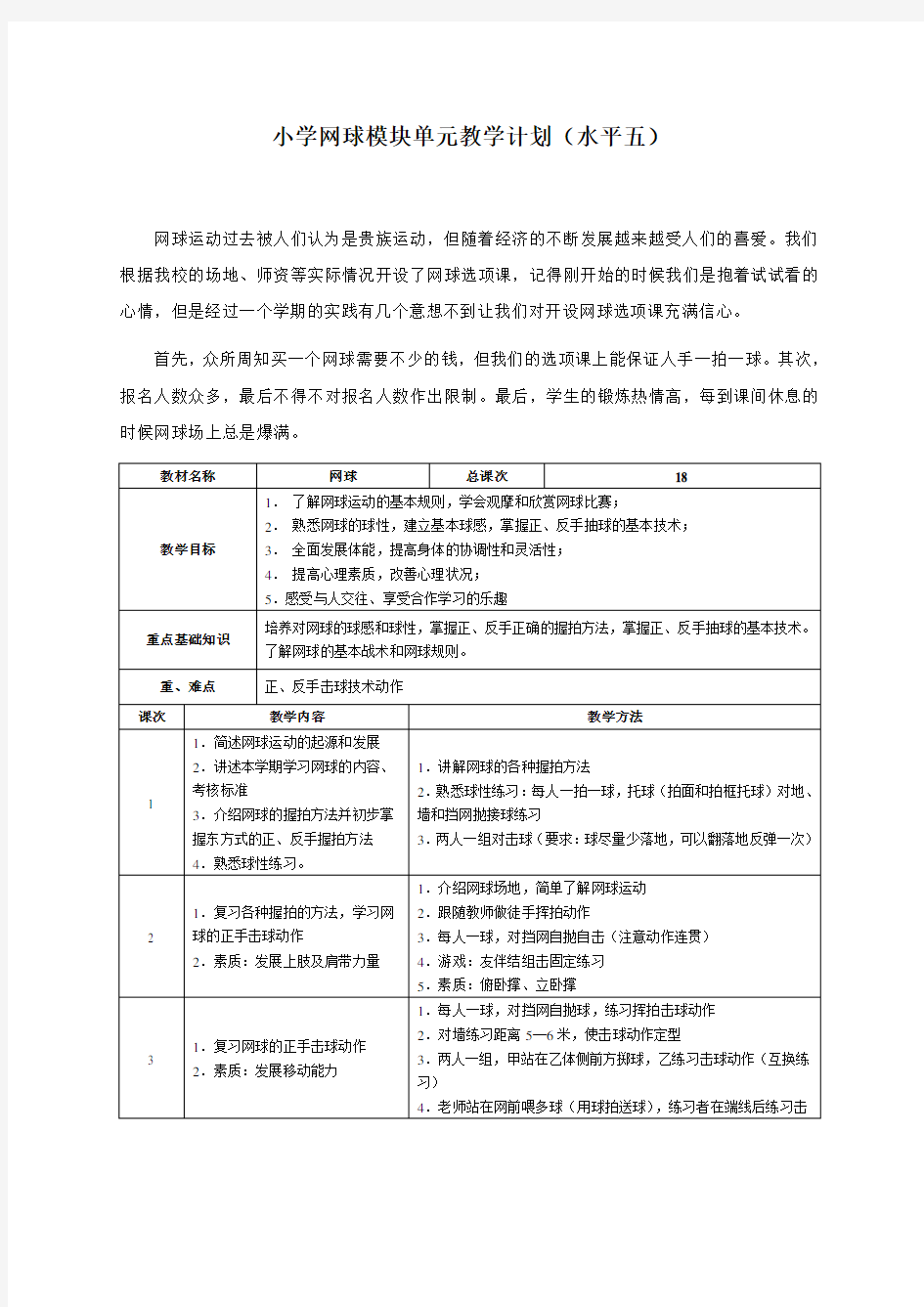 小学网球模块单元教学计划(水平五)