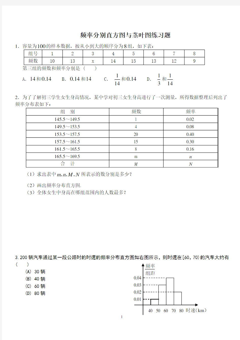 (完整word版)频率分布直方图和茎叶图练习