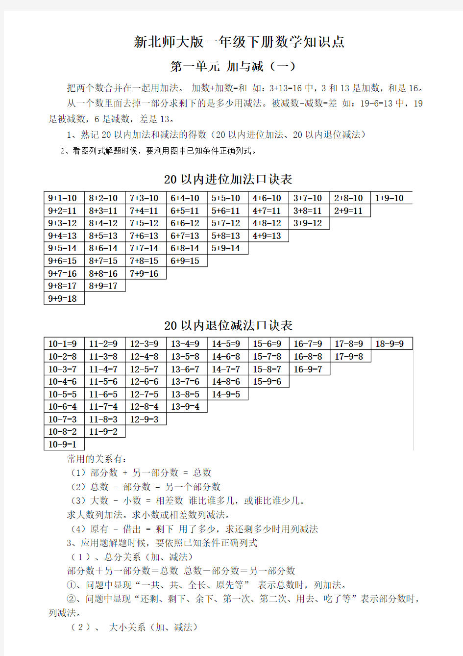 新北师大版一年级下册数学知识点