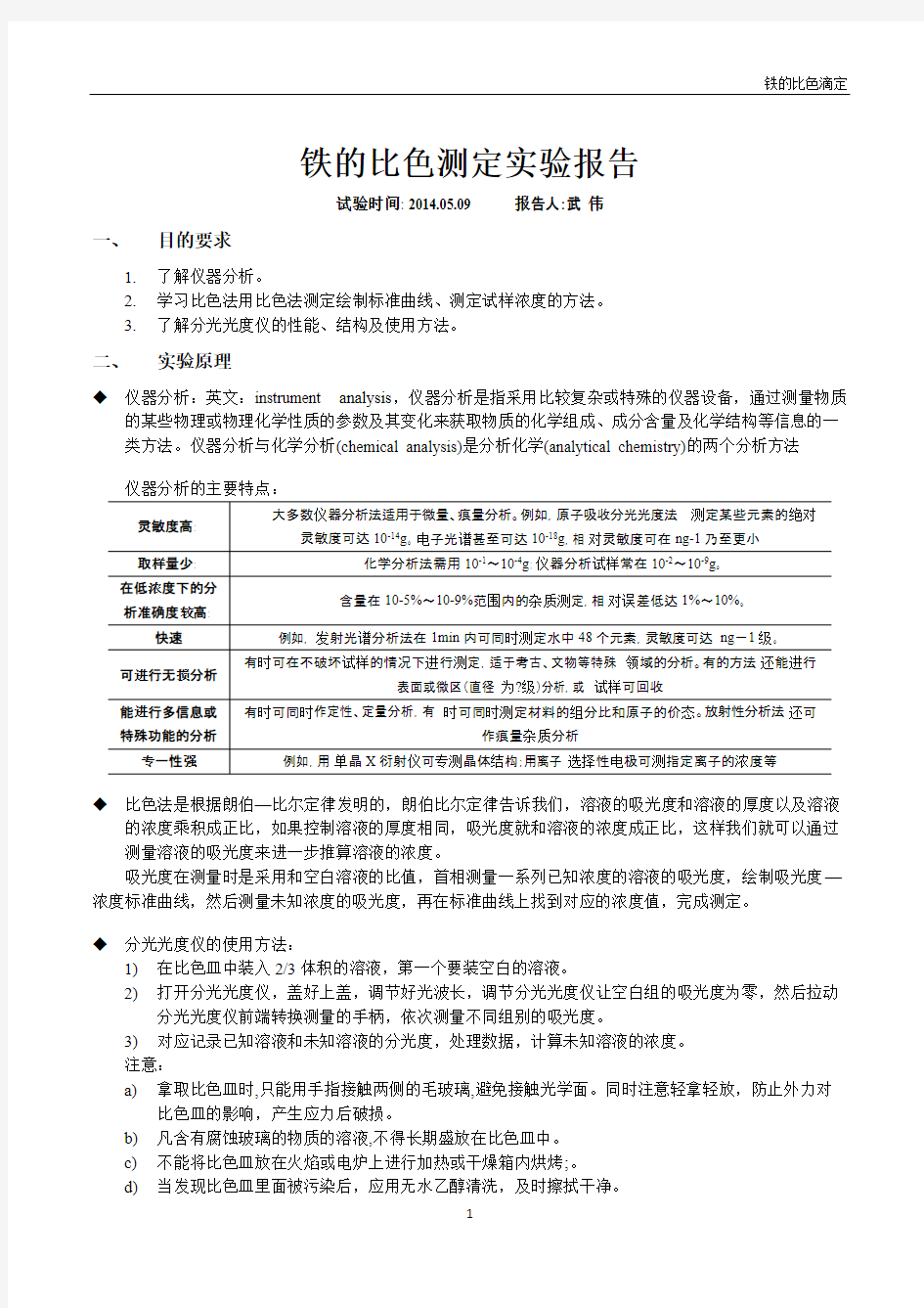 铁的比色测定实验报告