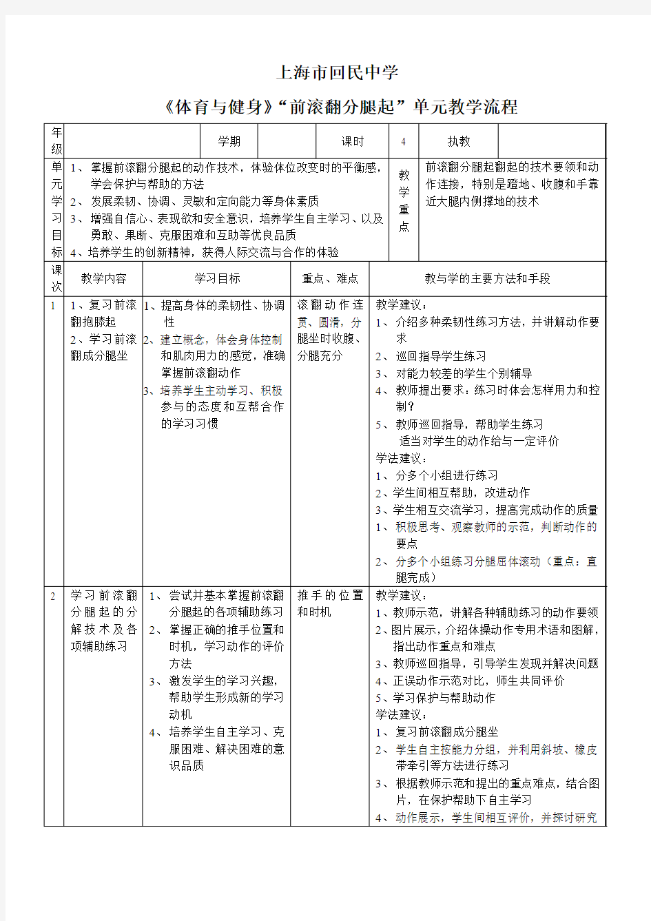 前滚翻分腿起单元计划