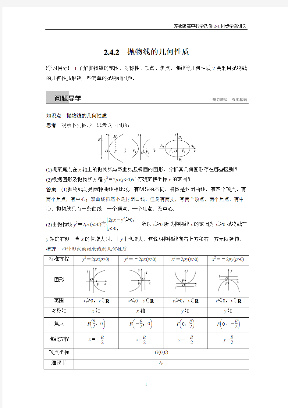 苏教版高中数学选修2-1第2章圆锥曲线与方程2.4.2含答案