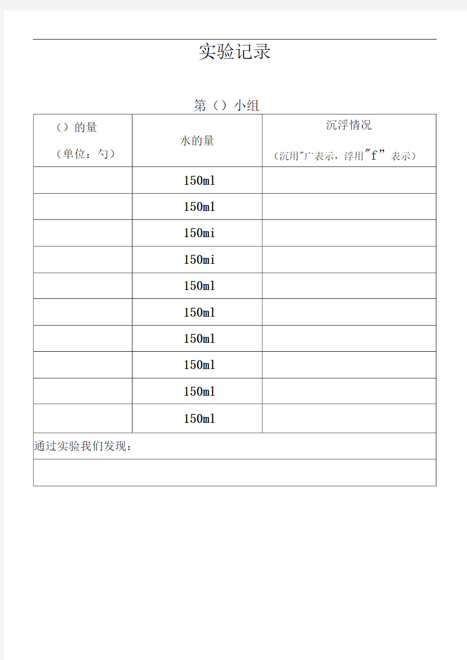 《马铃薯在液体中的沉浮》实验记录单