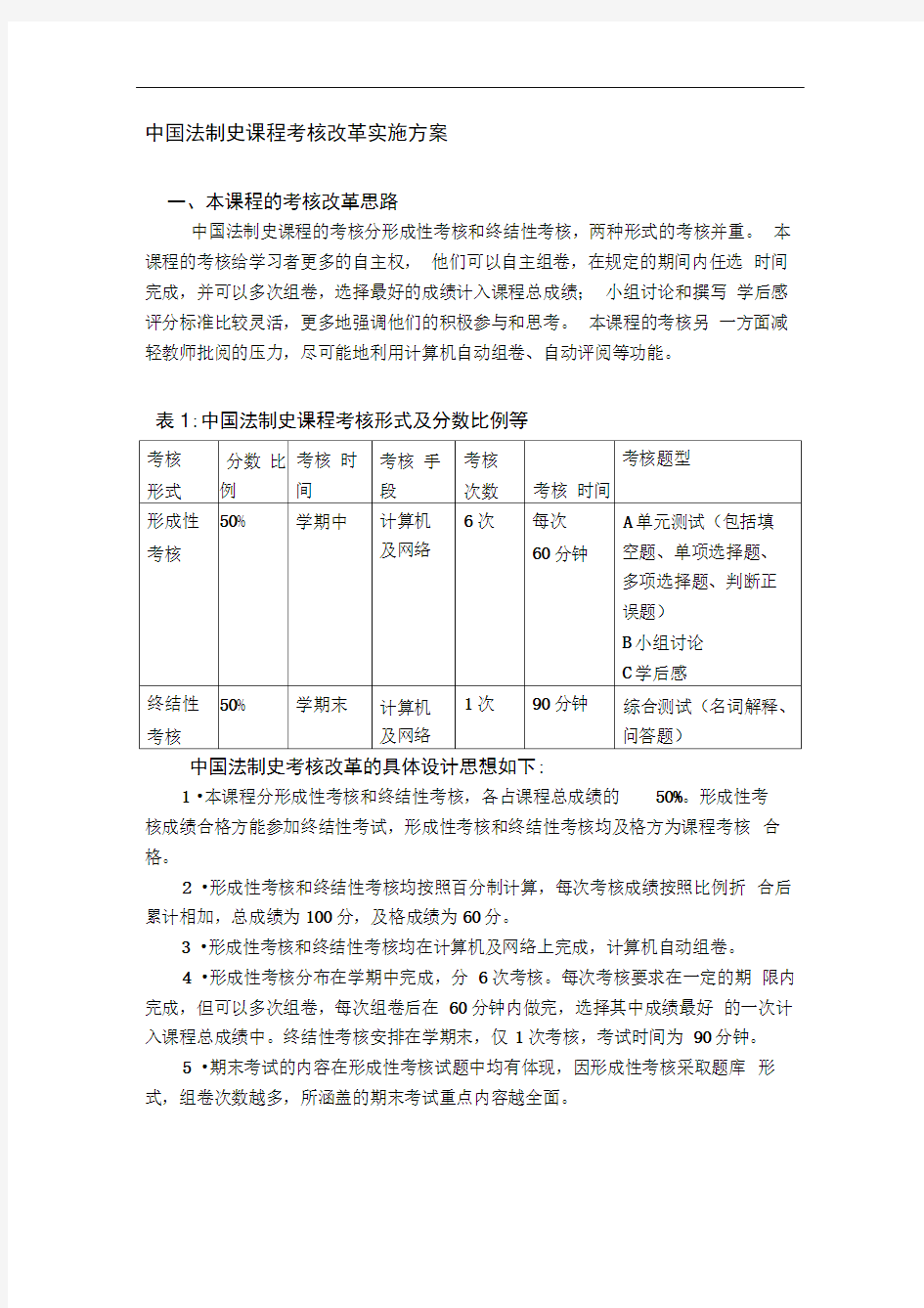 中国法制史课程考核改革实施方案