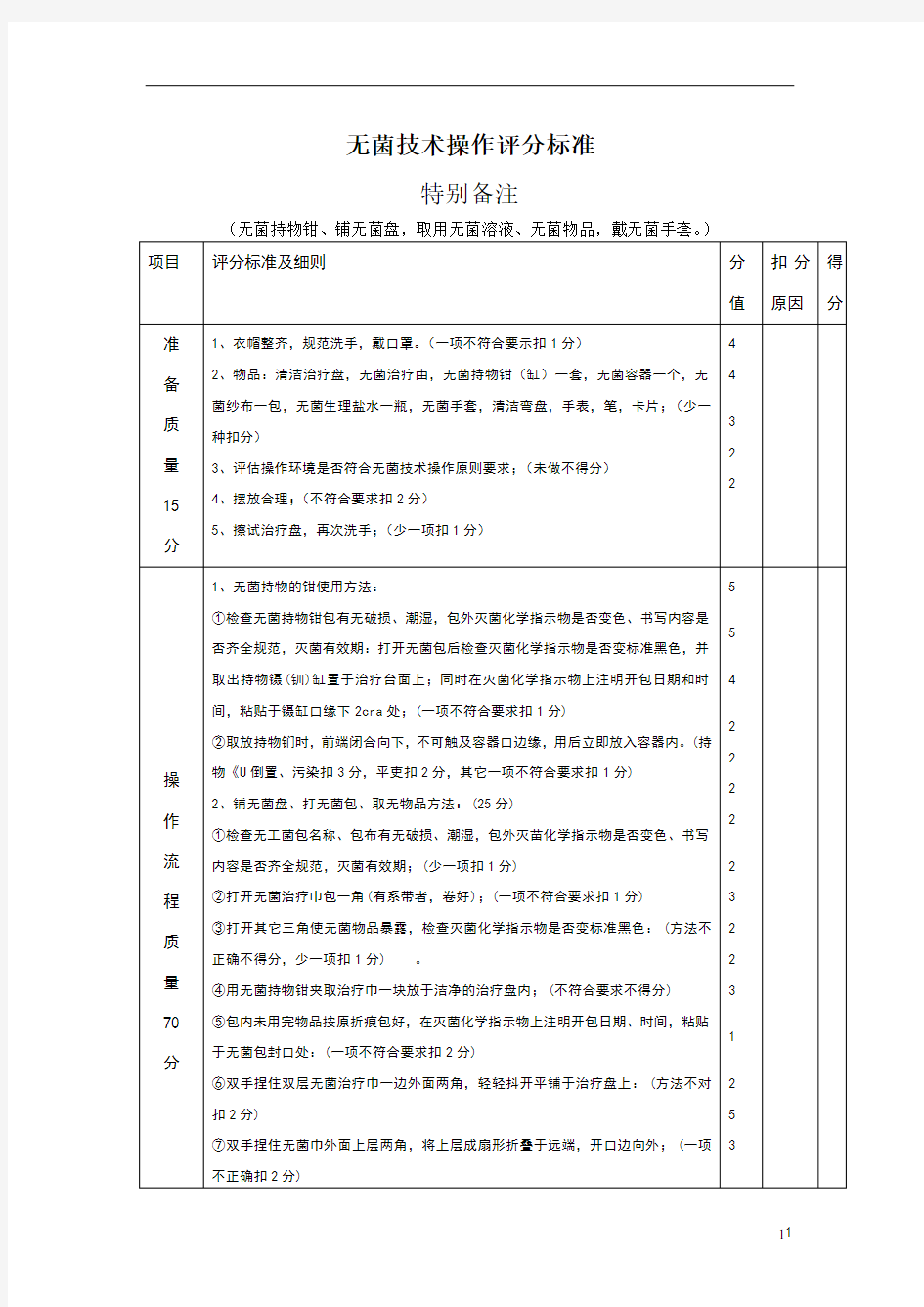 护理技术操作流程及评分标准