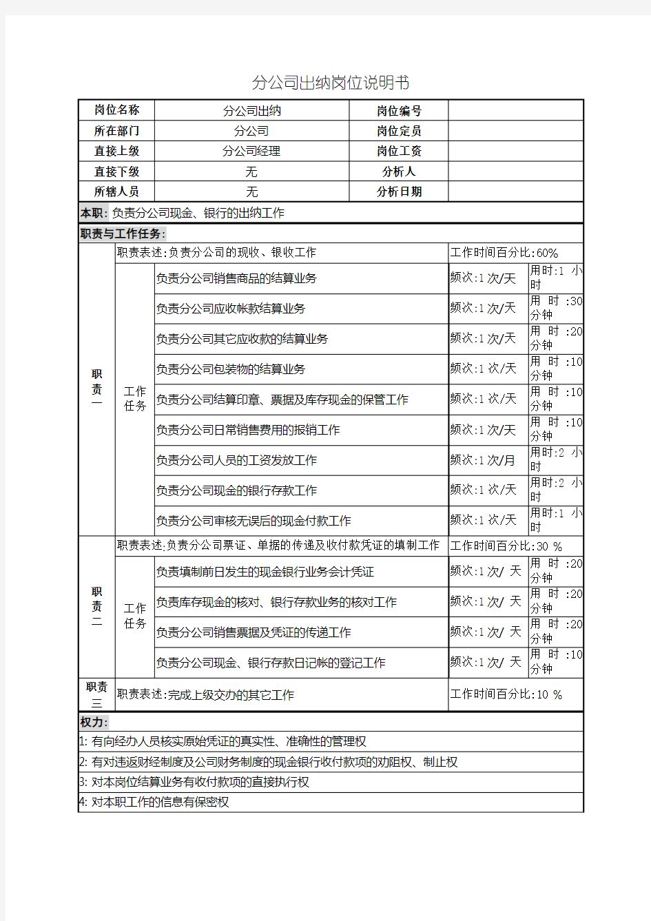 公司出纳的岗位说明书