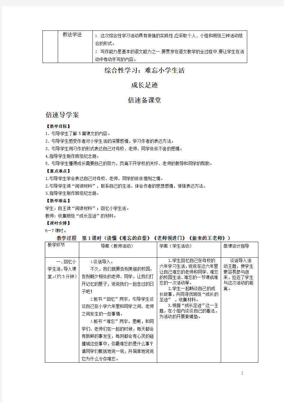 部编六年级语文下册第六单元集体备课教案(精编