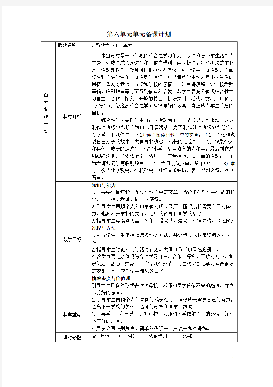 部编六年级语文下册第六单元集体备课教案(精编