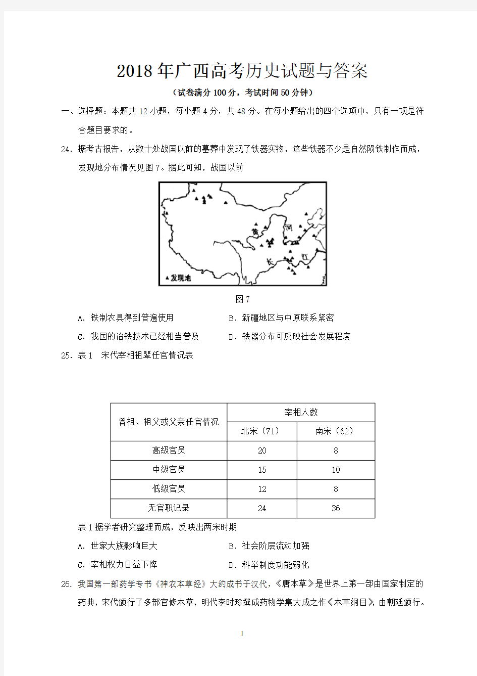 2018年广西高考历史试题与答案