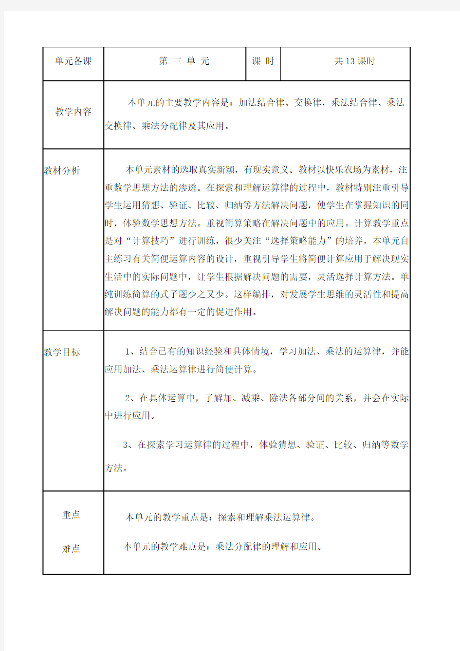 新青岛版四年级数学下册第三单元快乐农场运算律教案