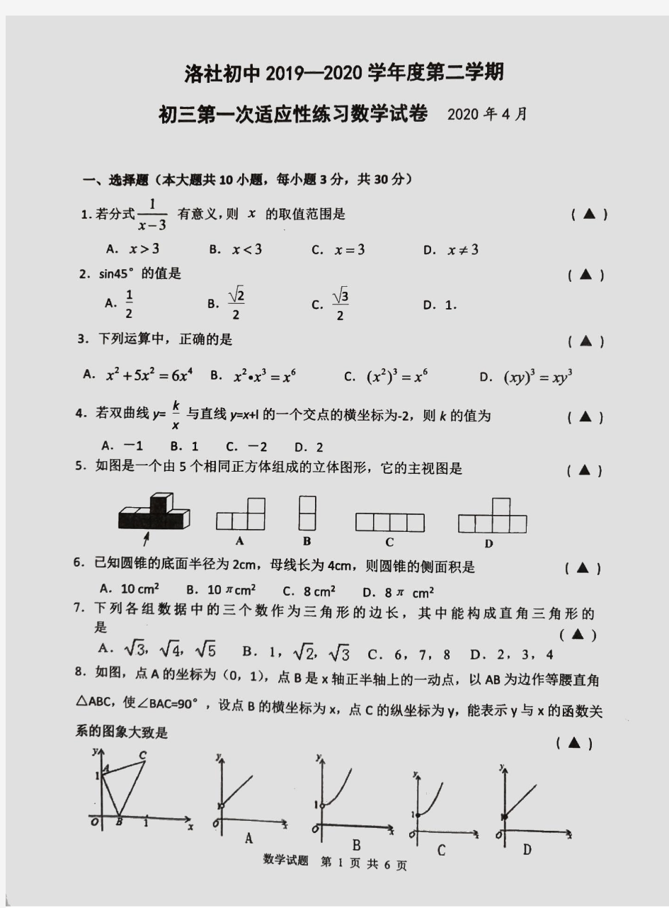 江苏省无锡市洛社中学、省锡中实验学校2020届初三数学一模卷(扫描版,无答案)