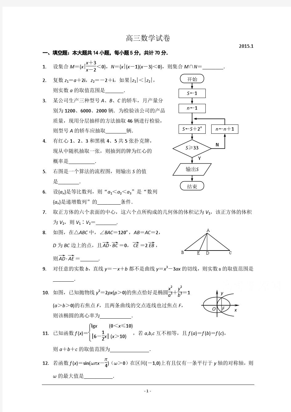 江苏省扬州中学2015届高三1月质量检测 数学 Word版含答案