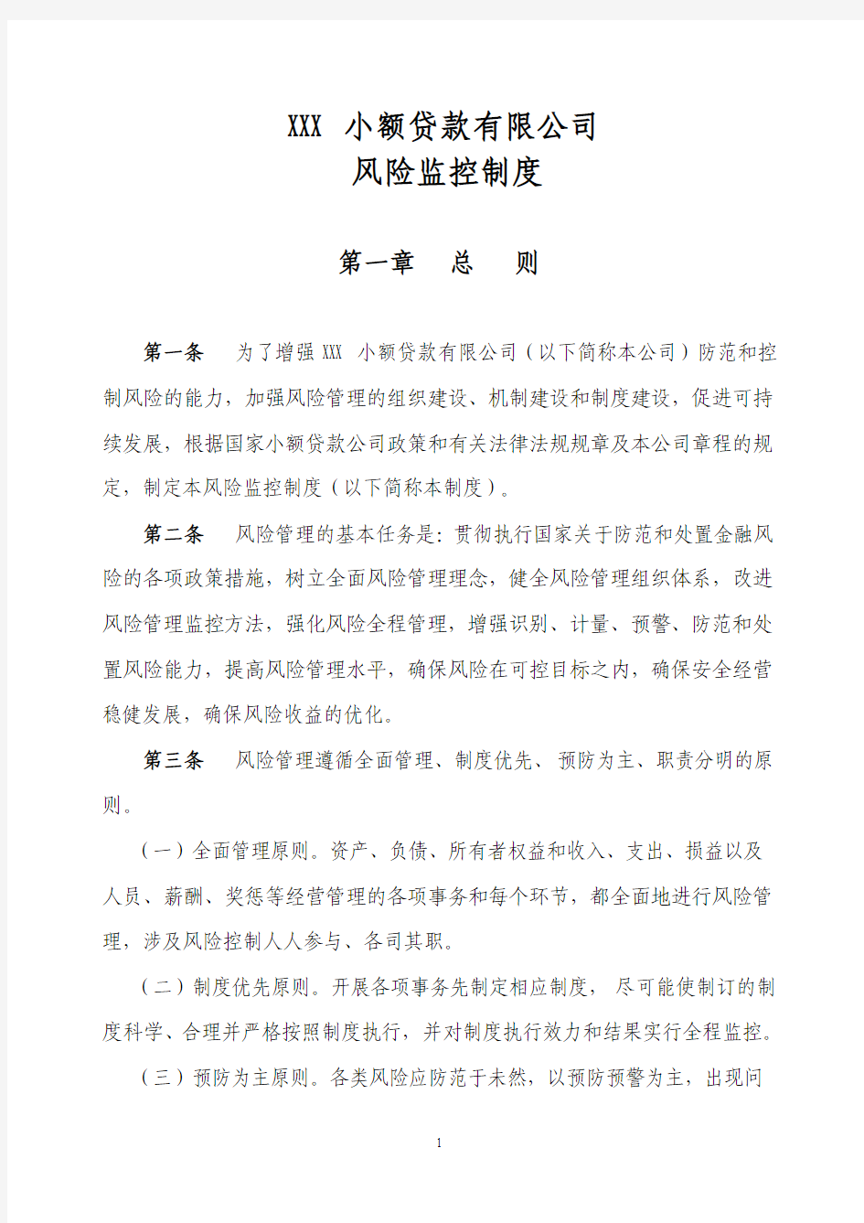 XXX小额贷款有限公司风险监控制度