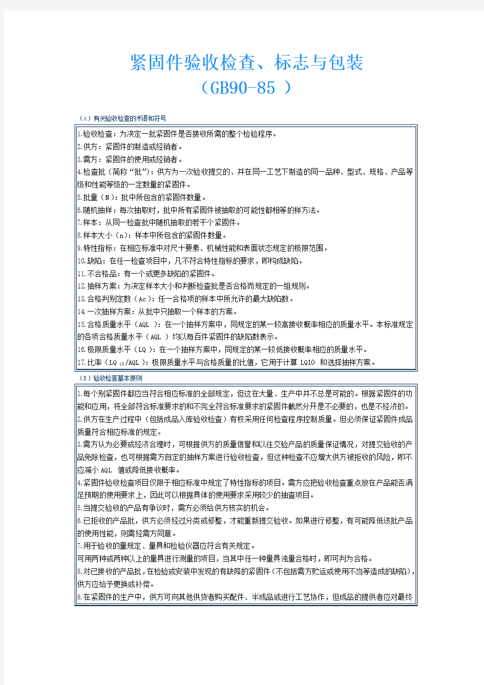 GB90-85紧固件验收检查、标志与包装