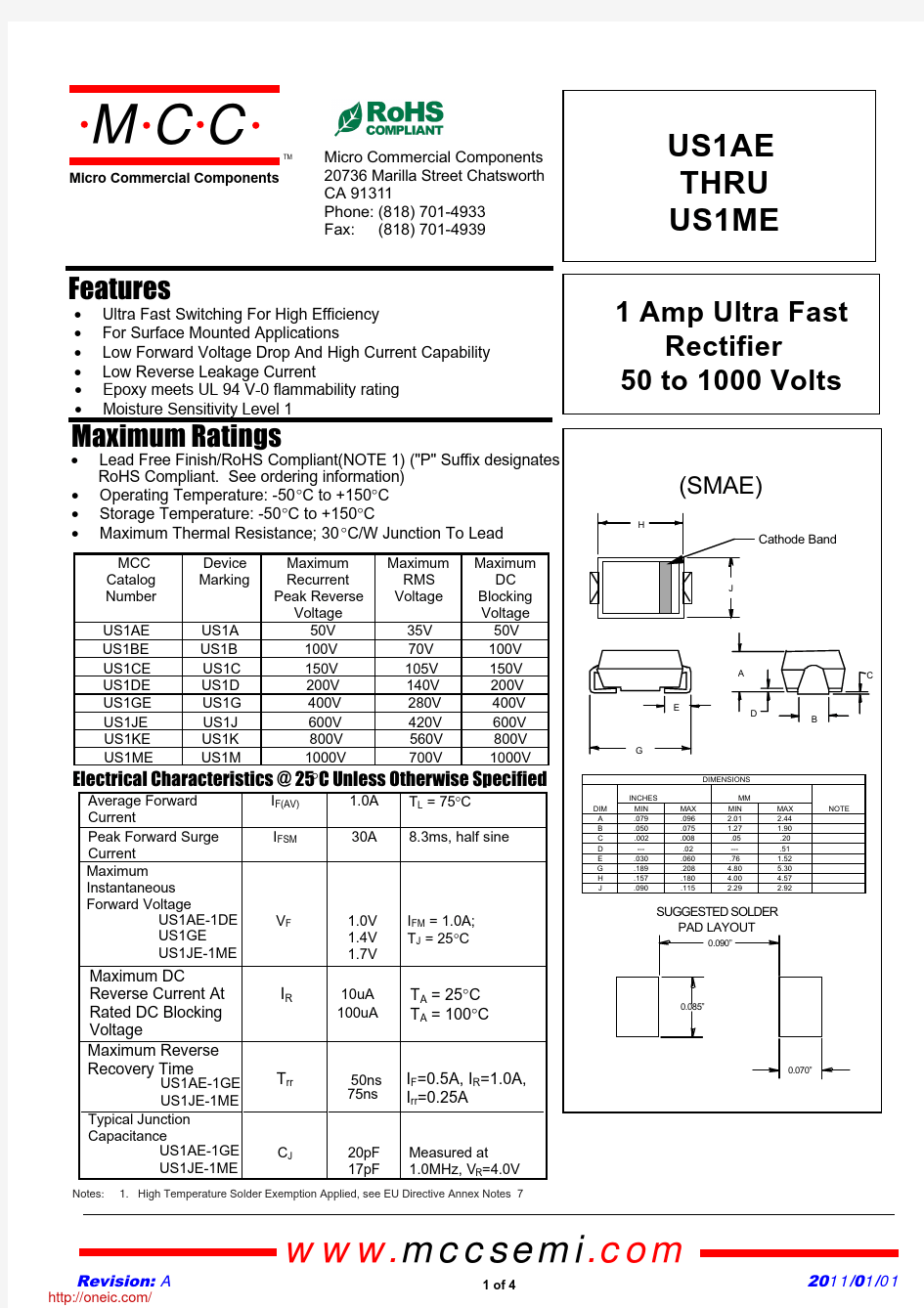 US1ME-TP;中文规格书,Datasheet资料