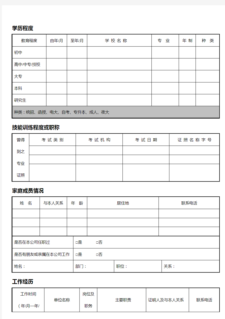 新入职员工履历表(填写模板)