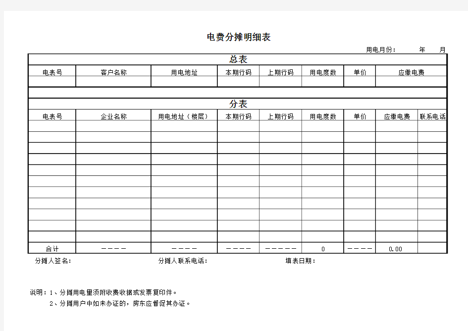 电费分摊表