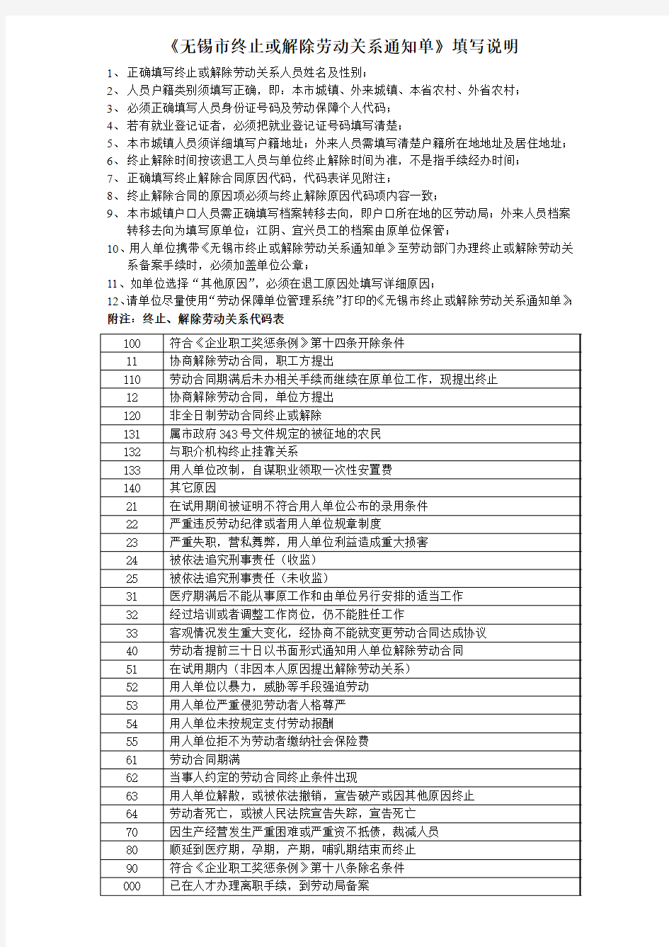 《无锡市终止或解除劳动关系通知单》填写说明