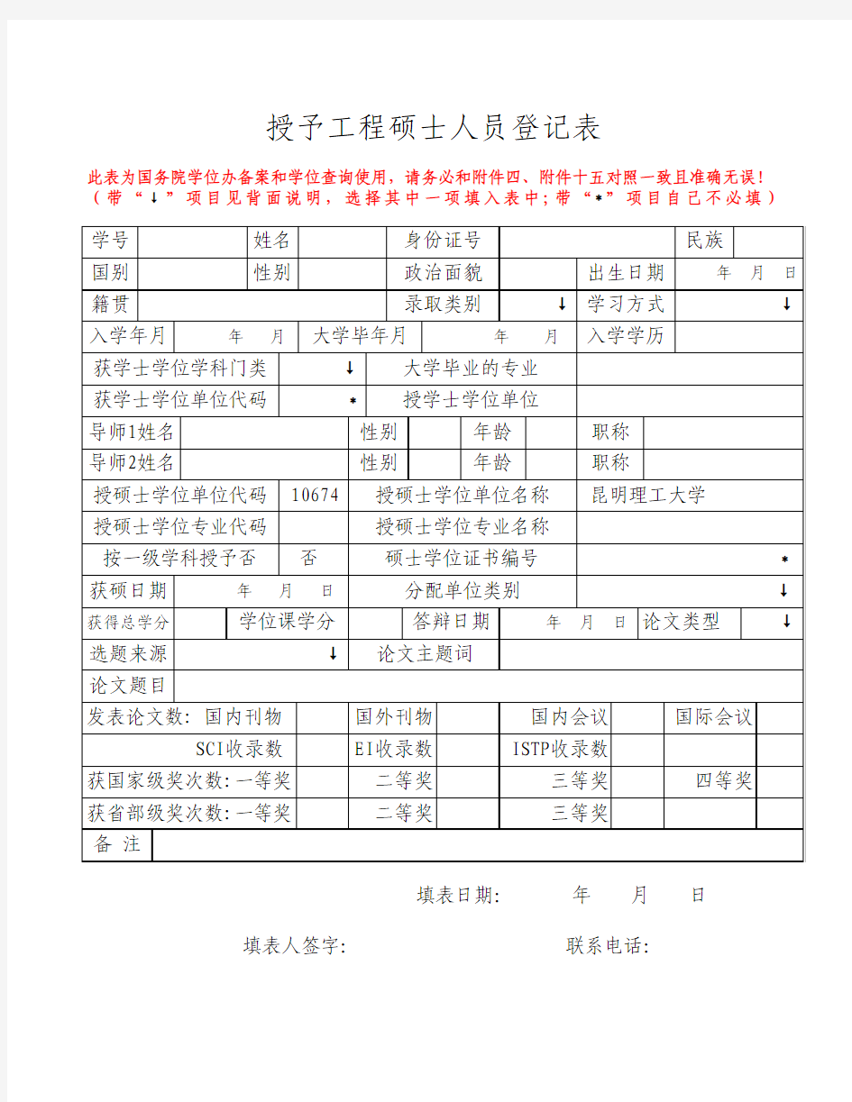 授予工程硕士人员登记表