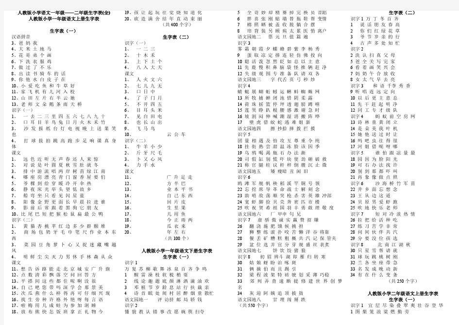 人教版小学语文一年级到二年级生字表2