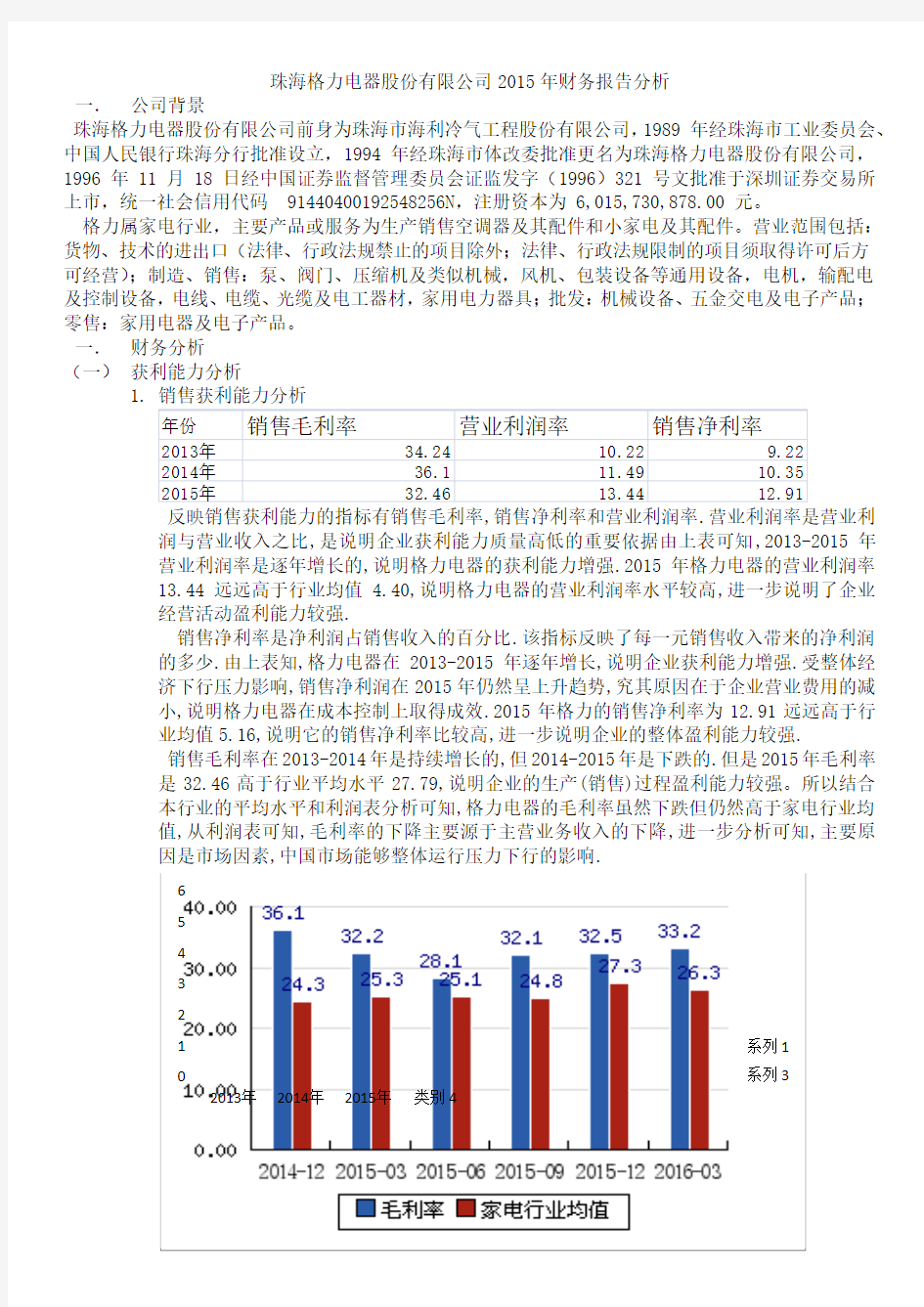 格力电器2015年财务报告分析