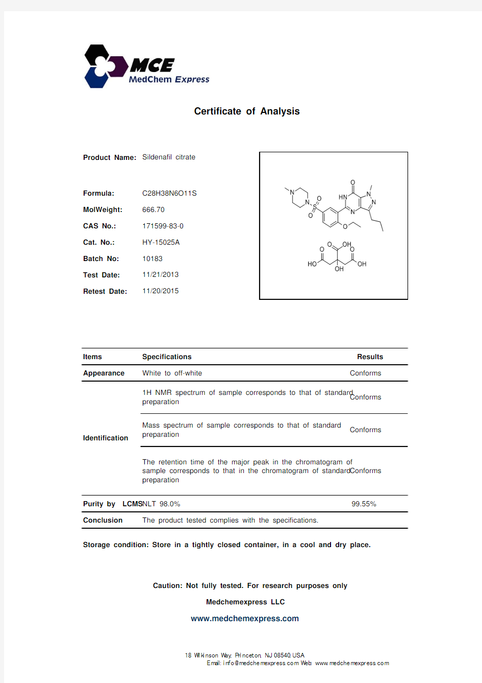 Sildenafil citrate_171599-83-0_CoA_MedChemExpress