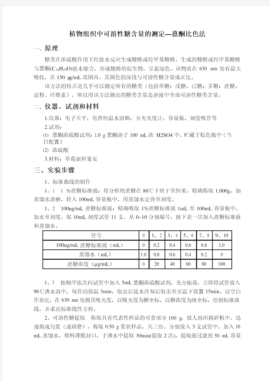 植物组织中可溶性糖含量测定方案