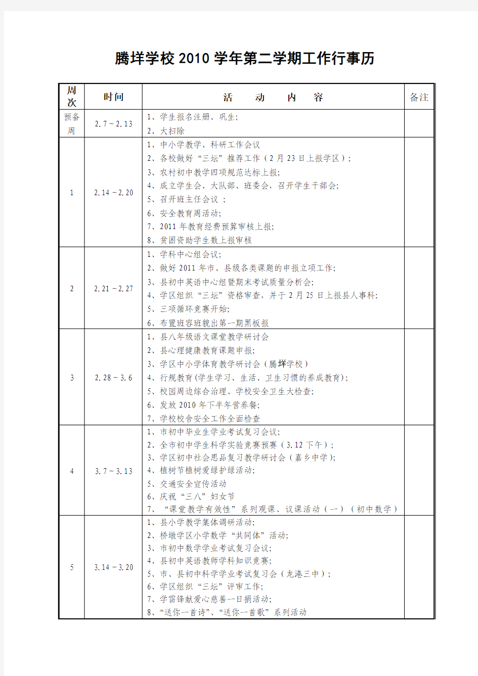 腾垟学校2010学年第二学期工作行事历