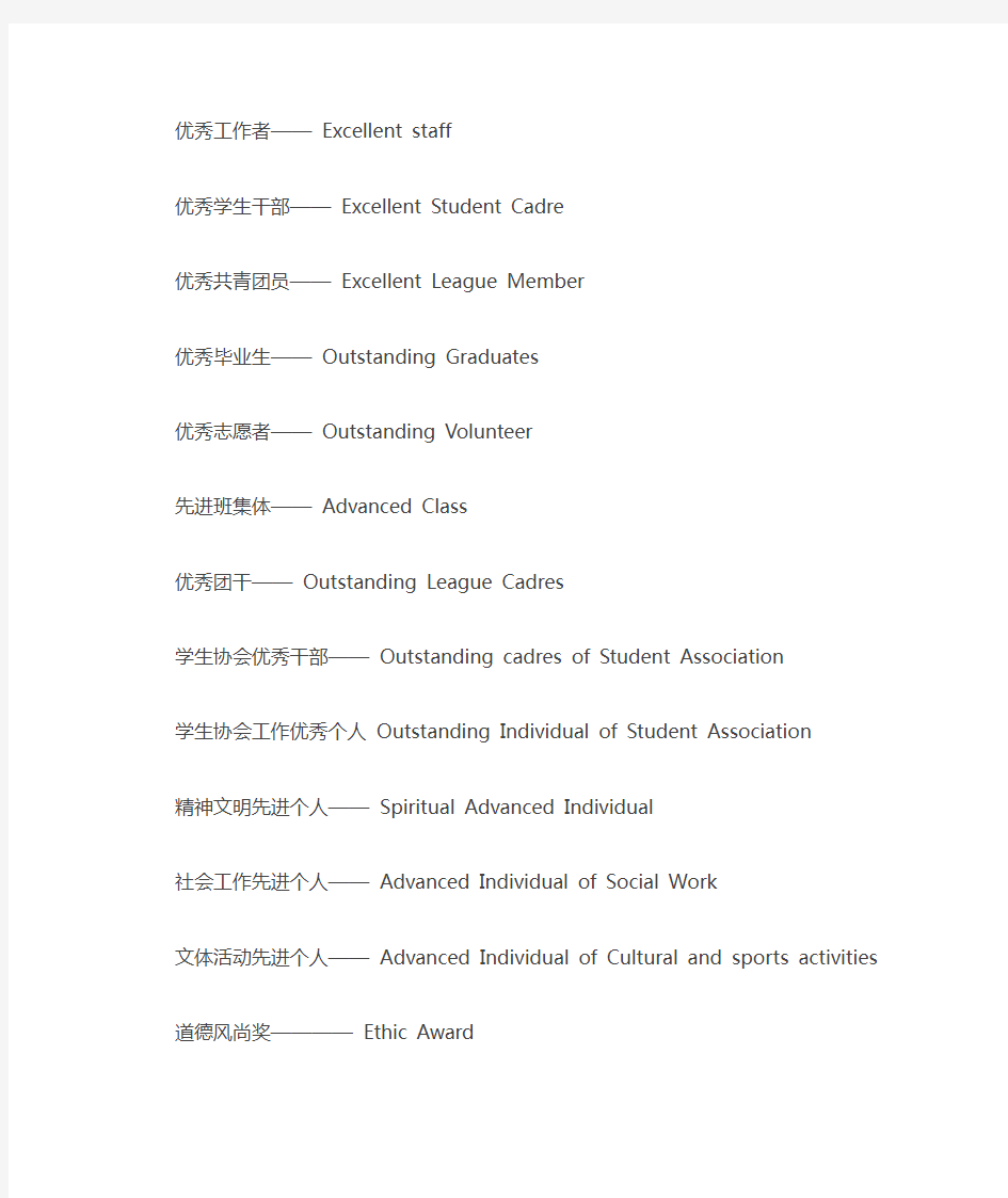 各种荣誉证书的英文翻译(2014-8-27)