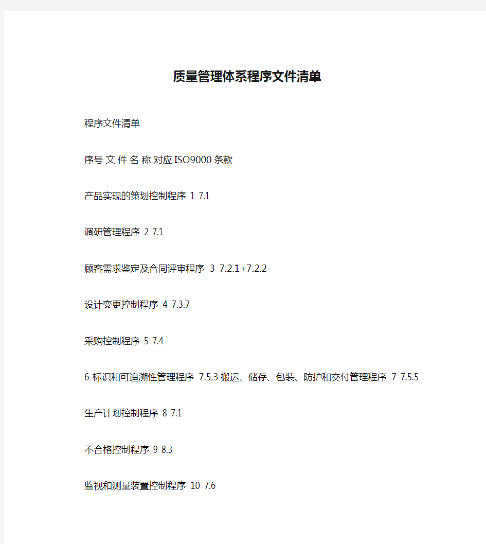 质量管理体系程序文件清单