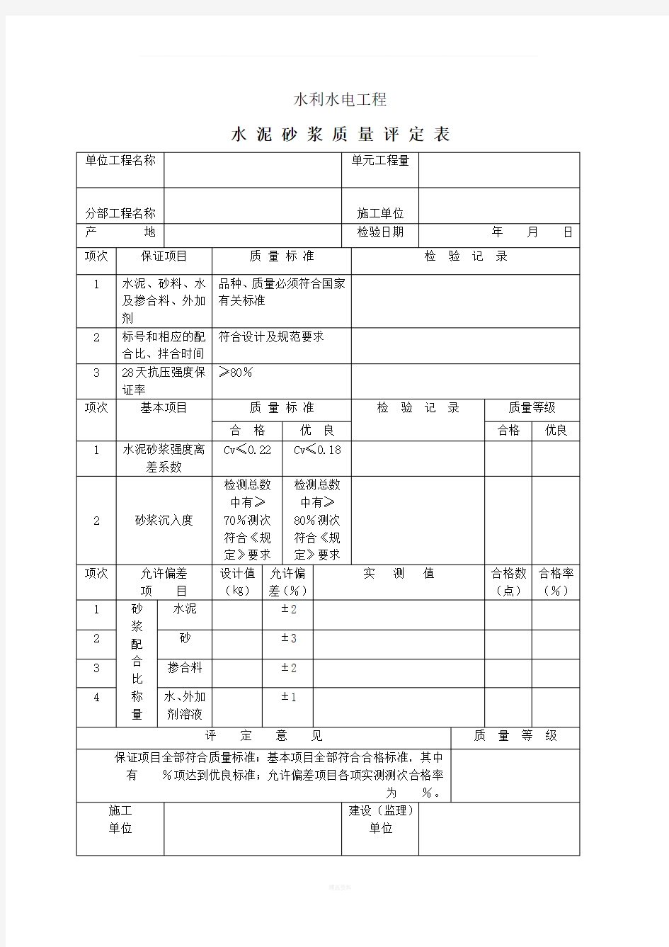 水泥砂浆质量评定表