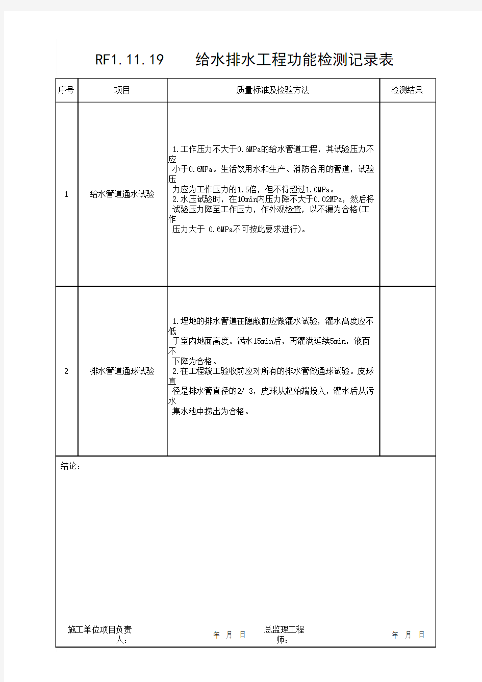 (上海市新版)给水排水工程功能检测记录表