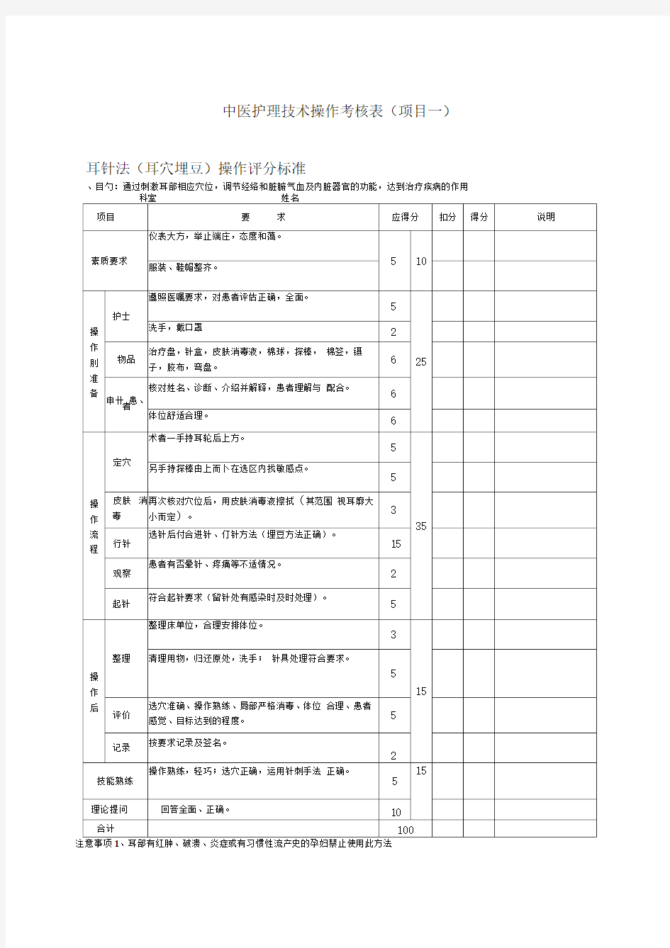 八项中医护理操作评分表