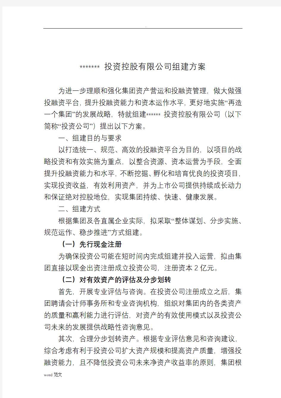 投资公司组建及方案