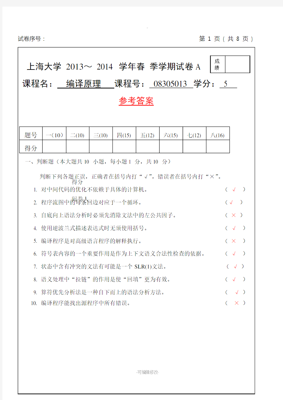 上海大学编译原理试卷2013-2014春(附答案)