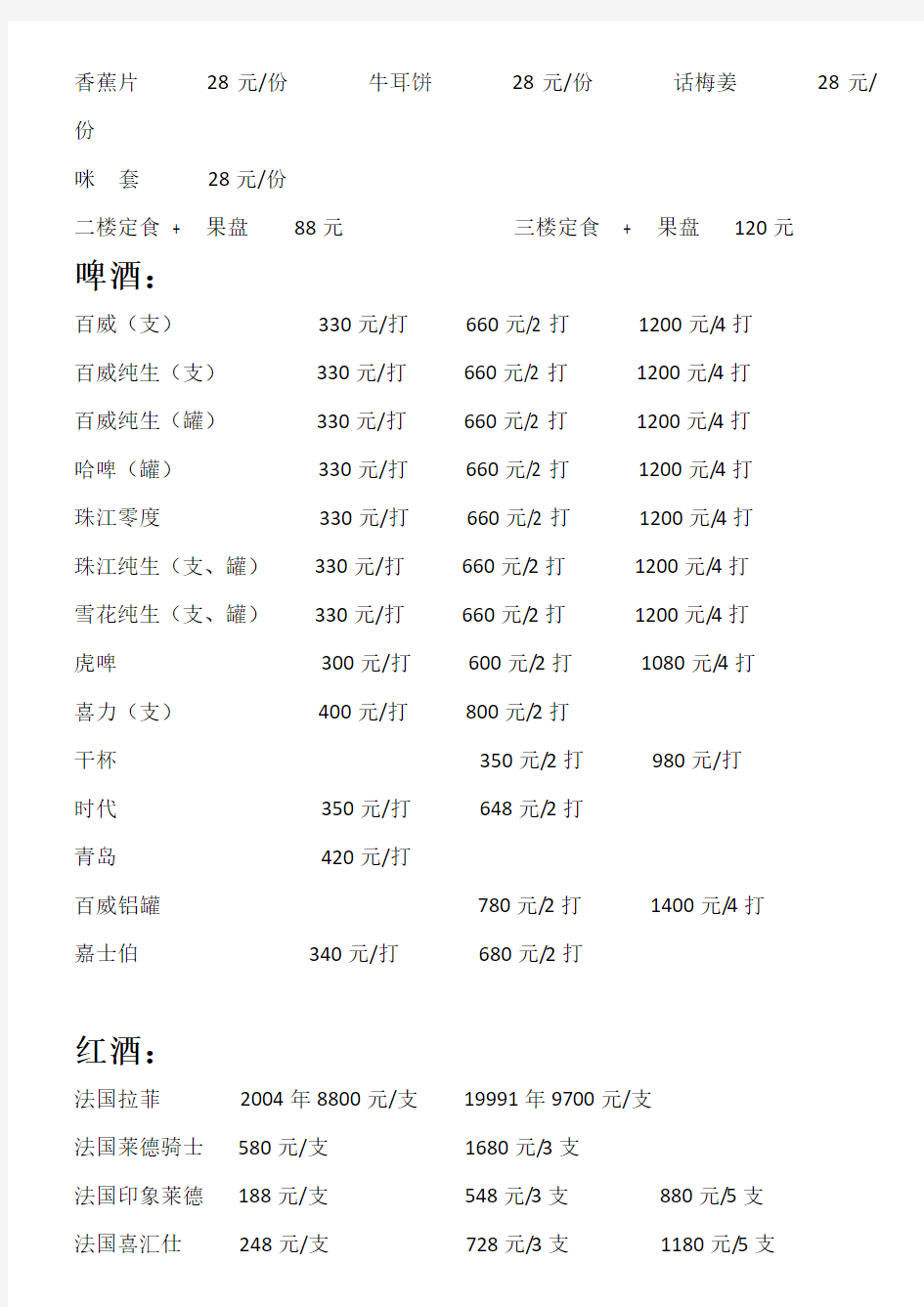 酒吧-酒水价目