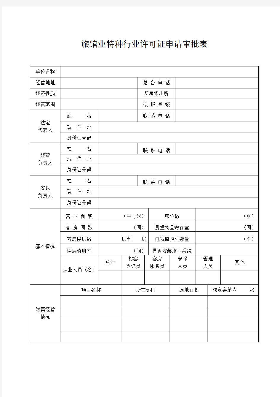 旅馆业特种行业许可证申请审批表