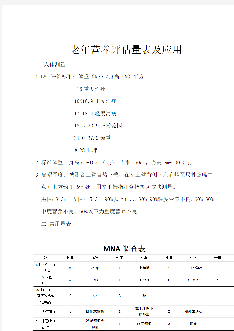 老年患者营养评估量表及应用