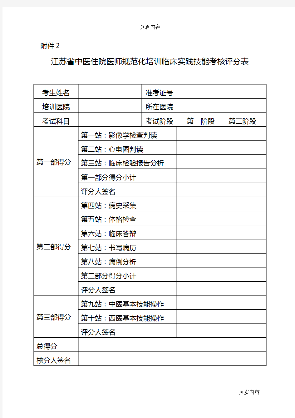 江苏省中医住院医师规范化培训临床实践技能考核评分表