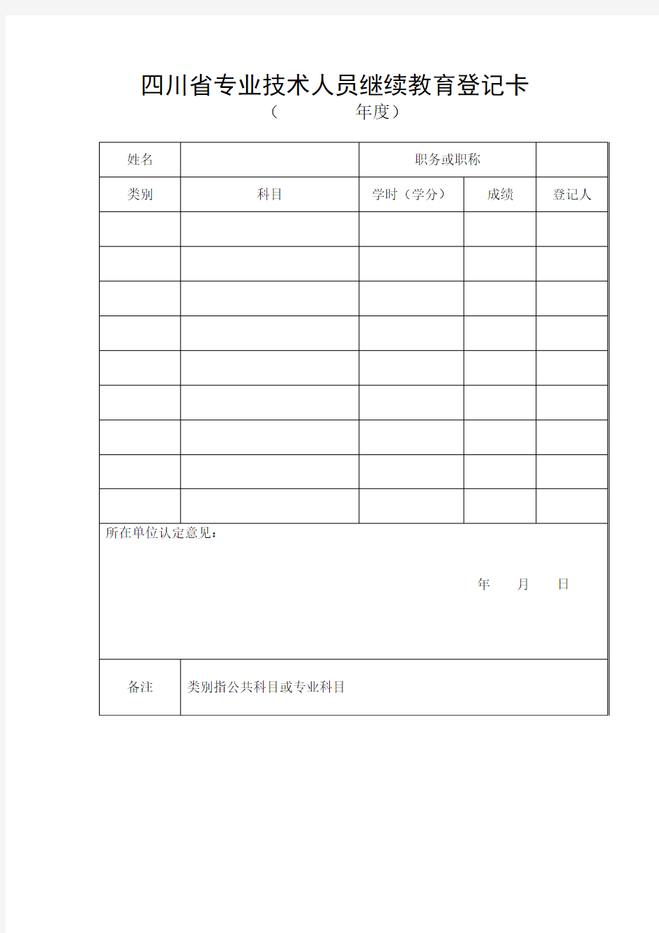 四川省专业技术人员继续教育登记卡