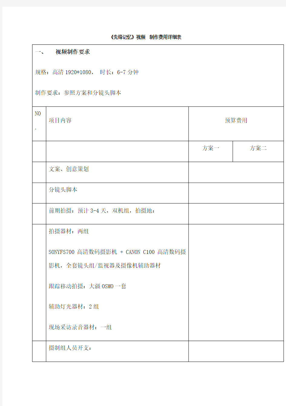 宣传片 微电影 短视频 制作费用详细表